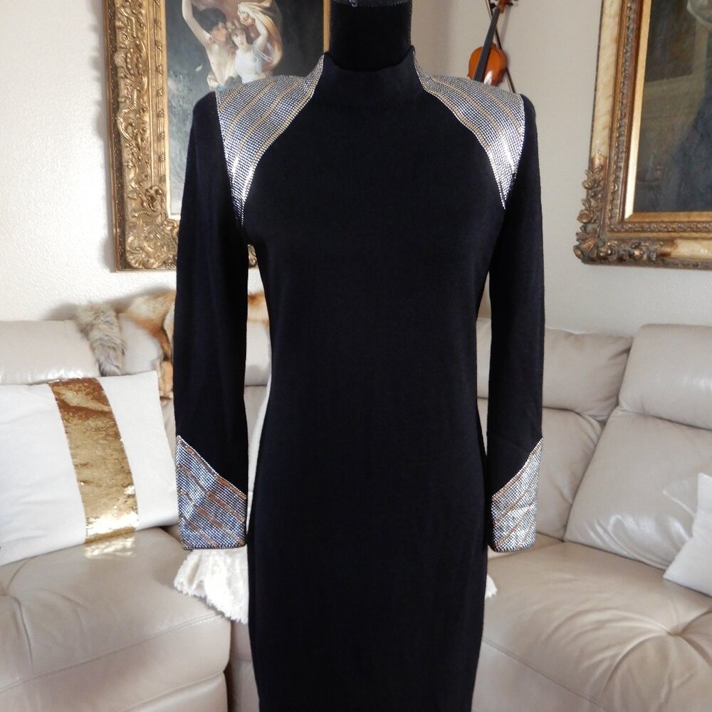 Vtg.St.John Evening by Marie Gray Knit Dress Gold & Silver Embellished Sz.4